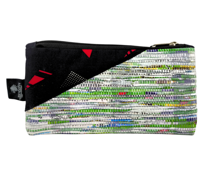 Silver and Green Hand Pouch Fancy with Black Corner – Eco-friendly and handcrafted from upcycled waste plastic with a cotton lining