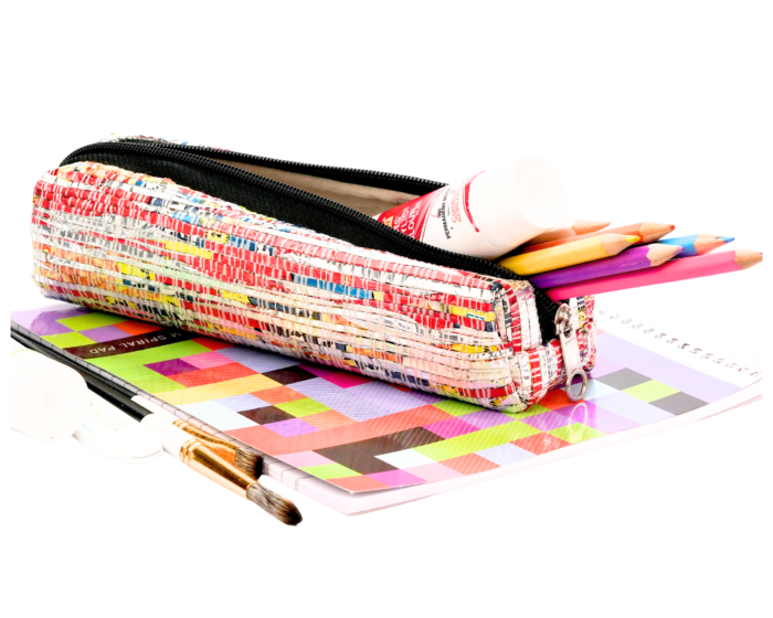 Reusable Silver & Pink Pencil Pouch – Handwoven & Stylish