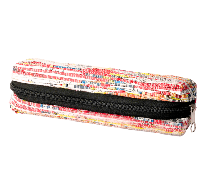 Eco-Friendly Silver & Red Pencil Pouch – Handcrafted & Sustainable