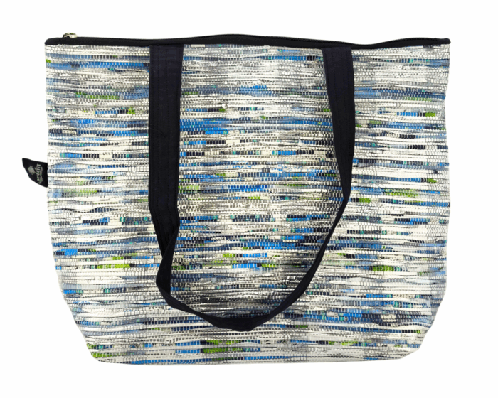 Aparant Upcycled and Handmade Shopping Bag Multicolor Silver Blue and Green, Black Belt (Product Image)