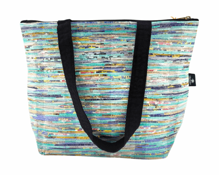 Aparant Upcycled and Handmade Shopping Bag Multicolor Cyan Green, Black Belt (Product Image)