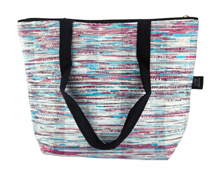 Aparant Upcycled and Handmade Shopping Bag Multicolor Silver and Pink Blue, Black Belt (Product Image)
