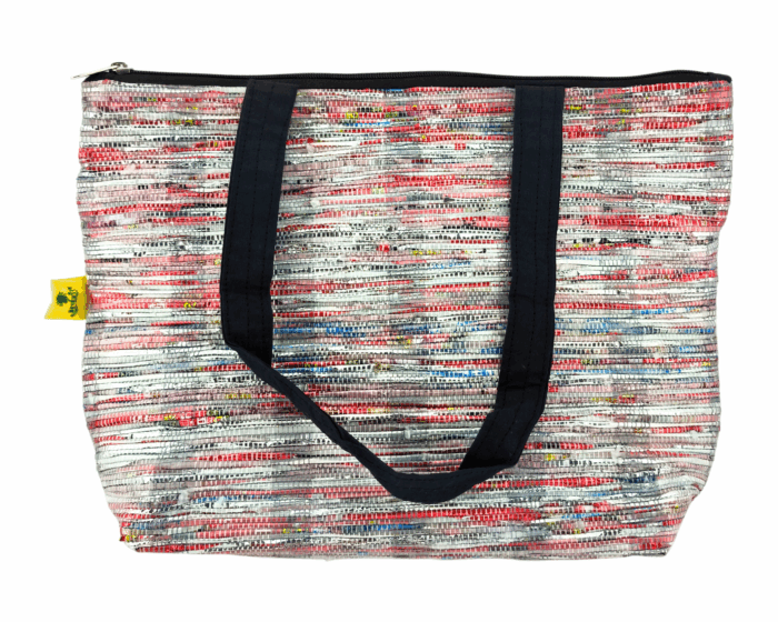 Aparant Upcycled and Handmade Shopping Bag Multicolor Red and White, Black Belt (Product Image)