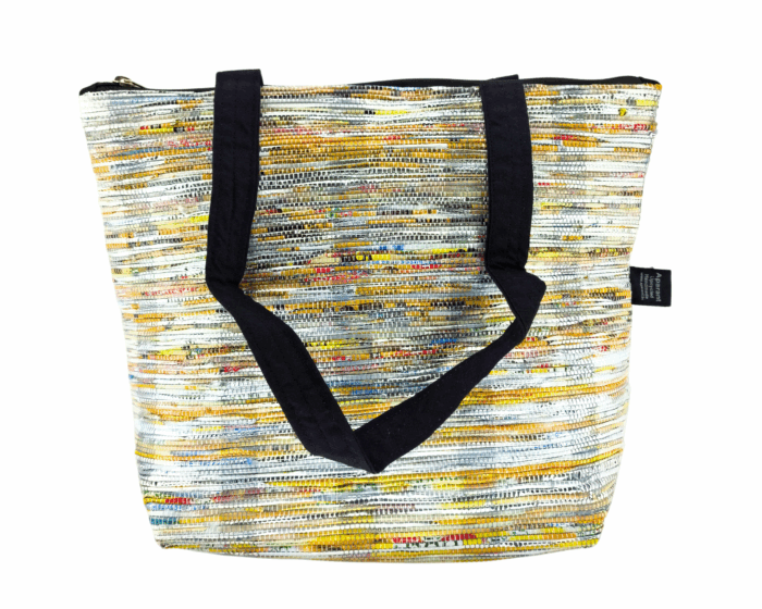 Aparant Upcycled and Handmade Shopping Bag Multicolor Yellow and Silver, Black Belt (Product Image)