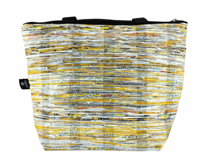 Aparant Upcycled and Handmade Shopping Bag Multicolor Yellow and Silver, Black Belt (Product Image)